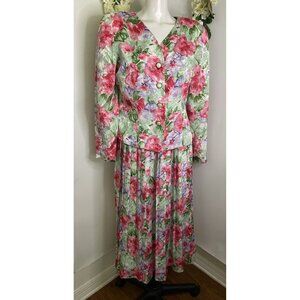 Maggy Boutique Pink Floral Pleated Skirt Suit Set 2 Pc Sz 8 Fits Smaller Vintage
